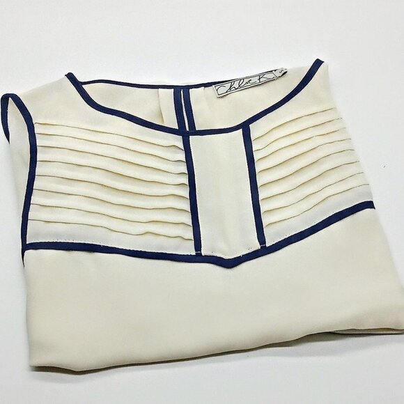 Chloe K Cream Navy Trim Pleat Front Sleeveless Top - Picture 3 of 6